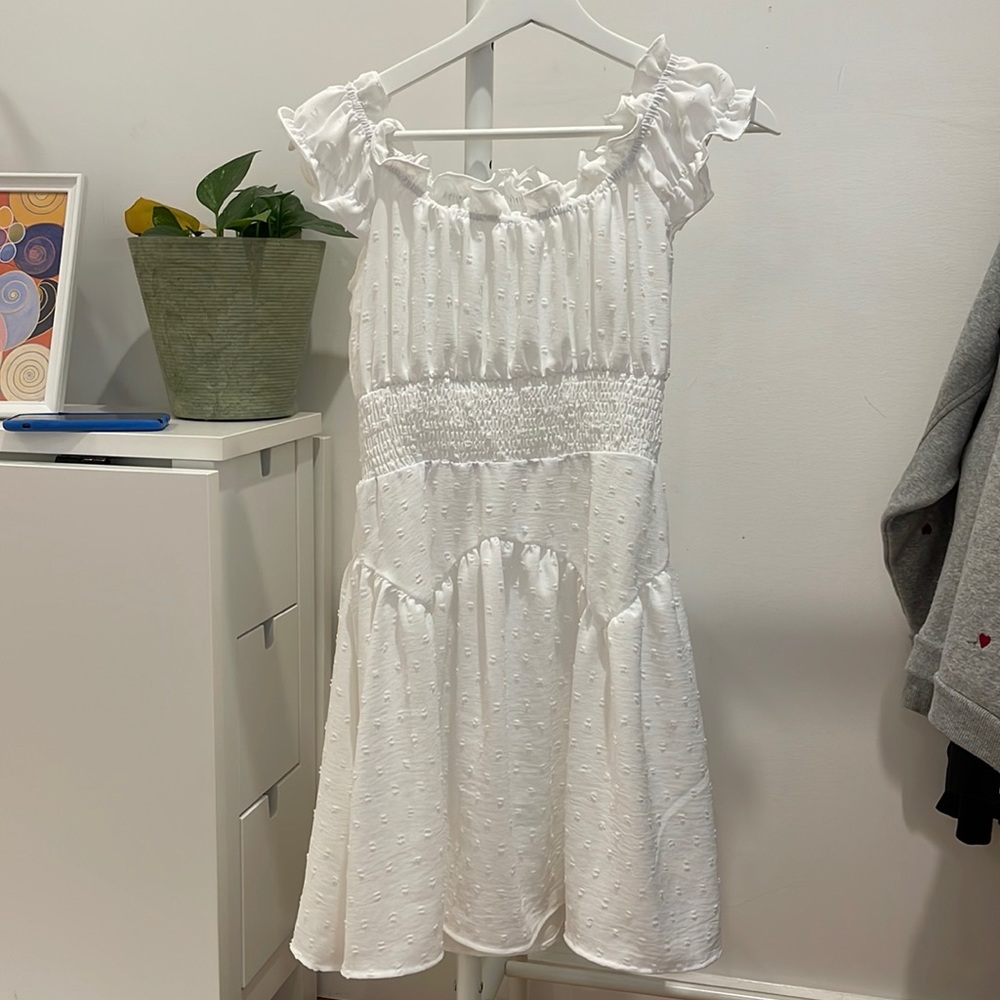NUFIWI Women White Off Shoulder Ruffle Mini Short Dress